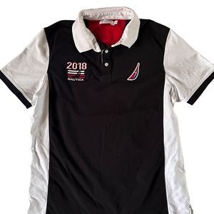 Nautica Sailing Flags Polo Shirt Mens XL Black White Short Sleeve Slim Fit